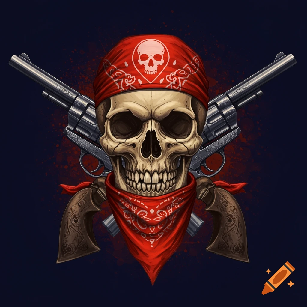 Illustrated skull wearing a red bandana with crossed revolvers.