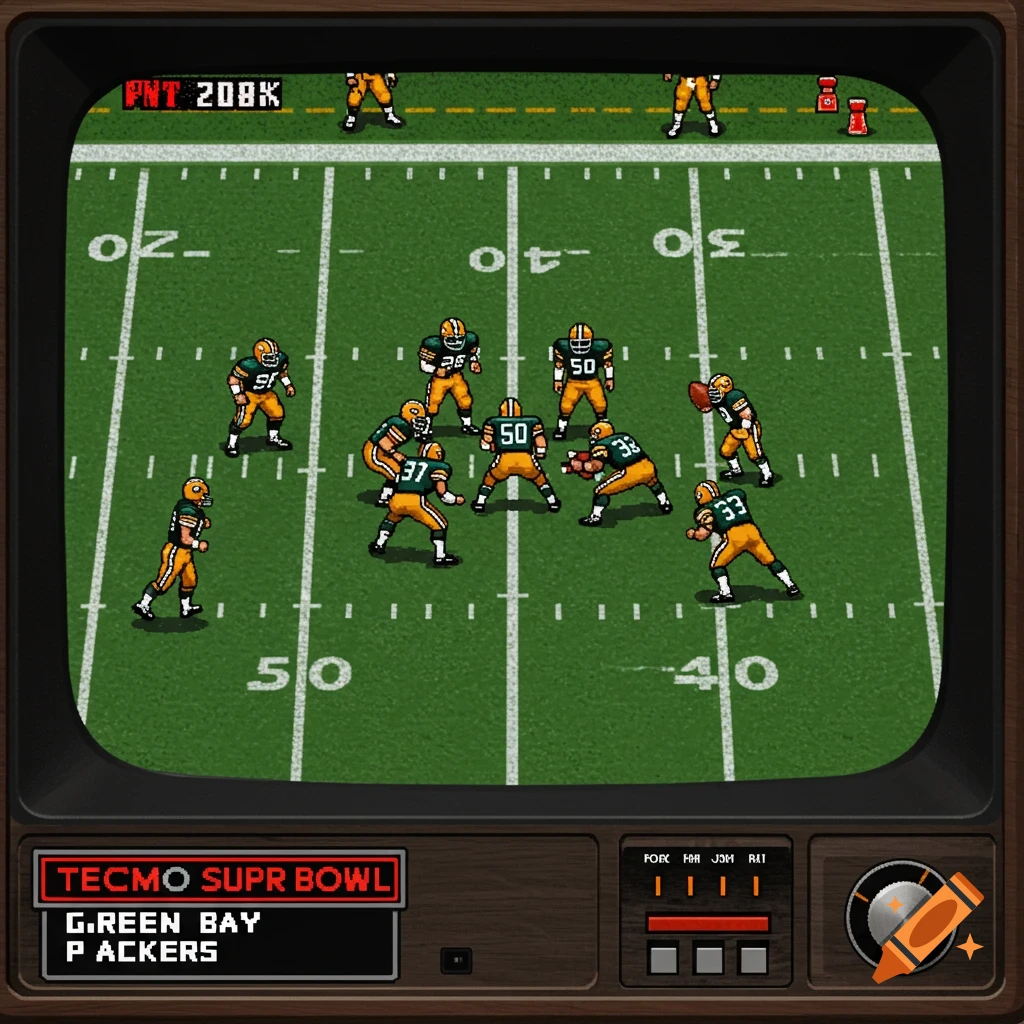 A retro pixelated football video game screen displaying a Green Bay Packers game in a vintage TV frame.