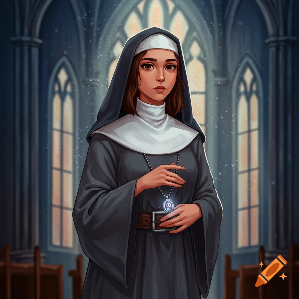 Illustration of a woman in a nun's habit standing in a cathedral, holding a glowing pendant.