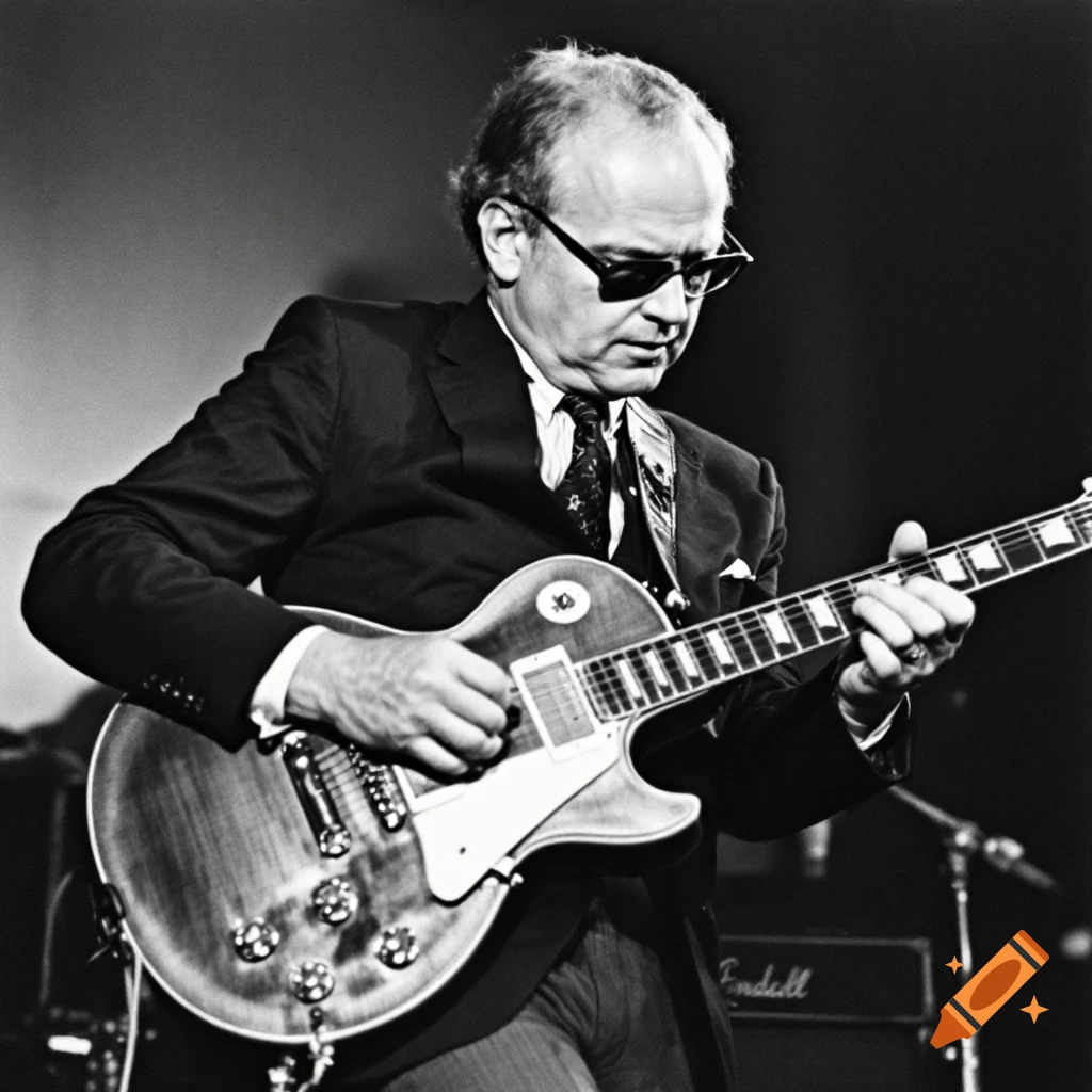 A man in a suit and sunglasses playing a Gibson Les Paul guitar in black and white.