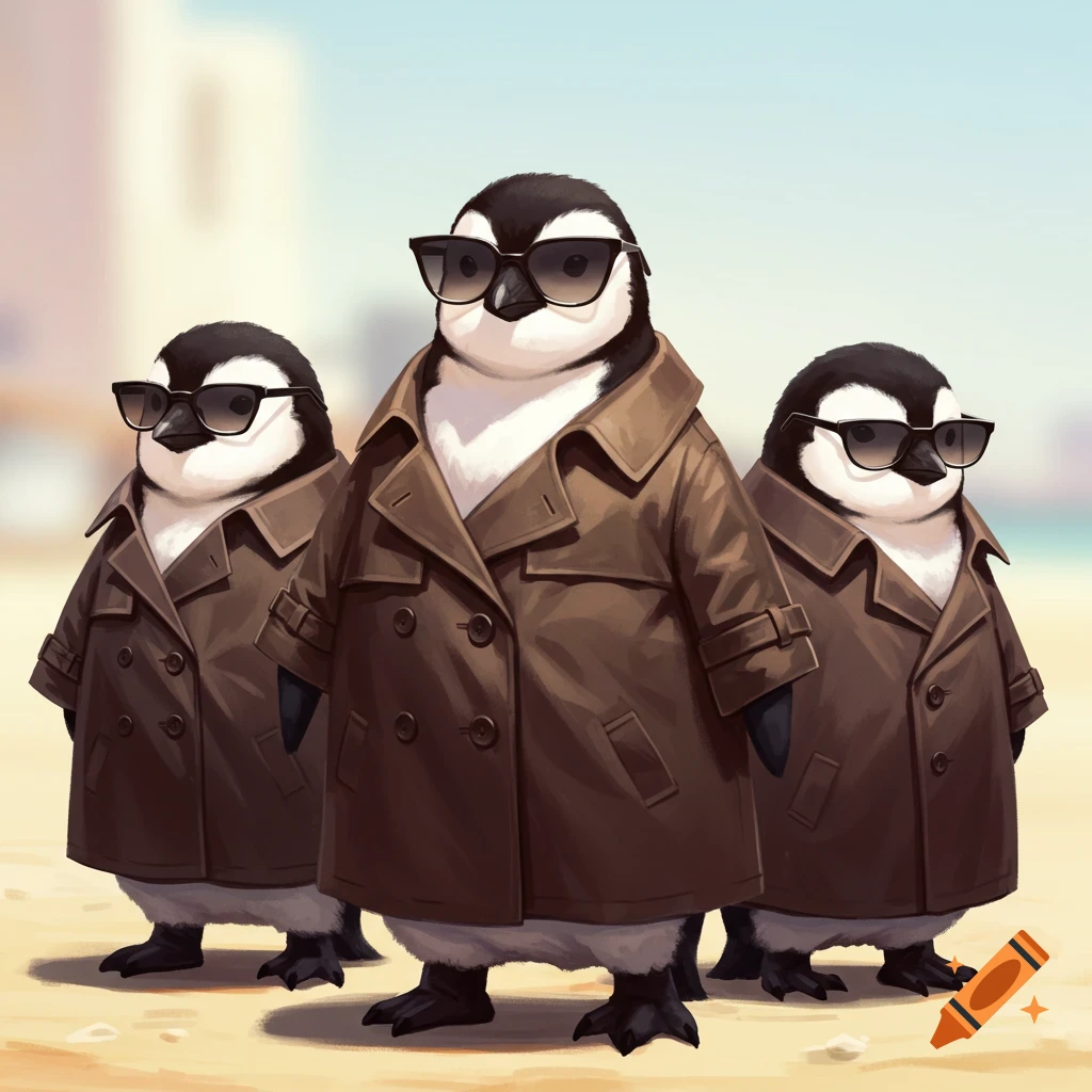 Penguins wearing a trench coat and sunglasses