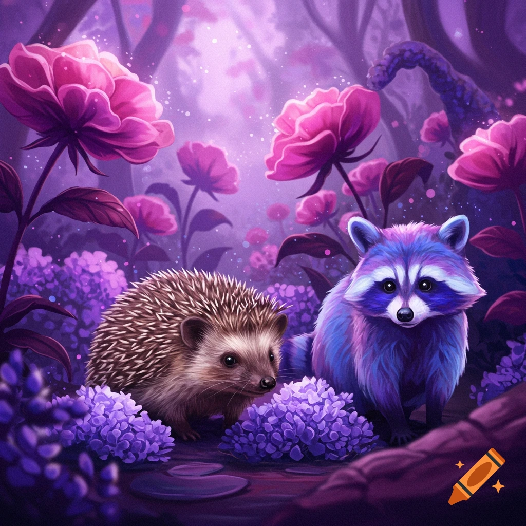 A hedgehog and a blue and purple raccoon in a vibrant, purple and pink fantasy forest.