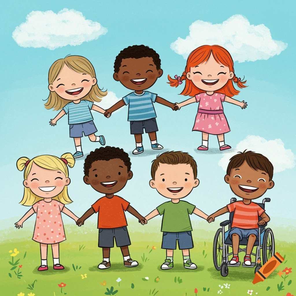 Illustration of seven diverse smiling children holding hands, one in a wheelchair, in a field.