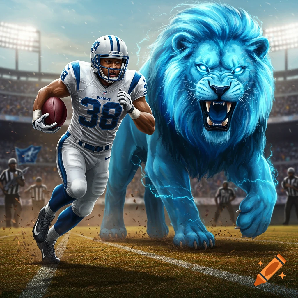 An American football player runs from a large blue electric lion in a stadium.