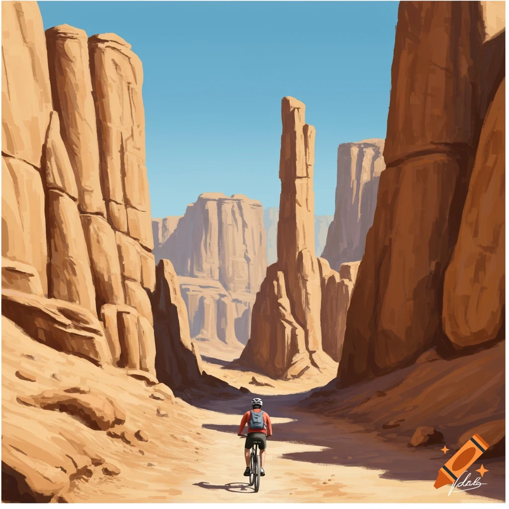 Person biking through a narrow desert canyon under a blue sky in a painterly style.
