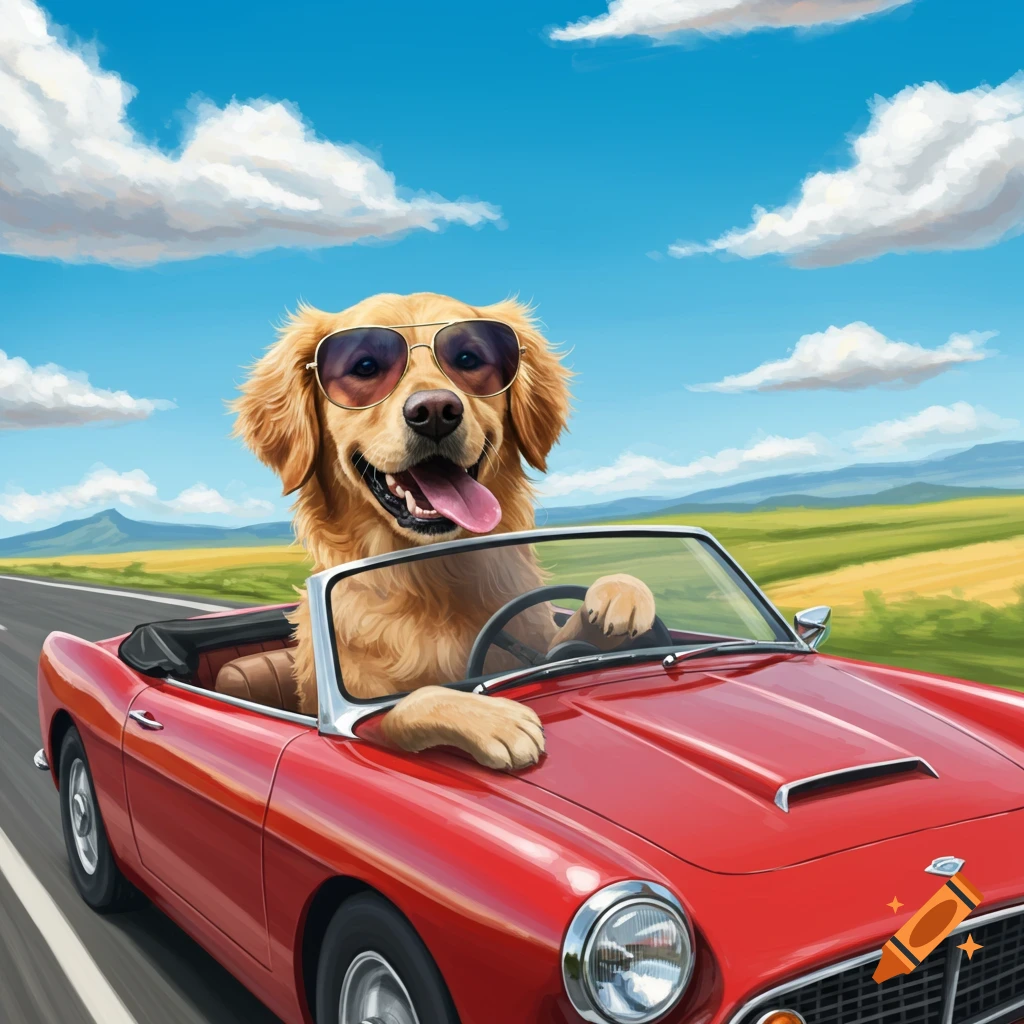 A Golden Retriever dog wearing sunglasses drives a red convertible car down a road.