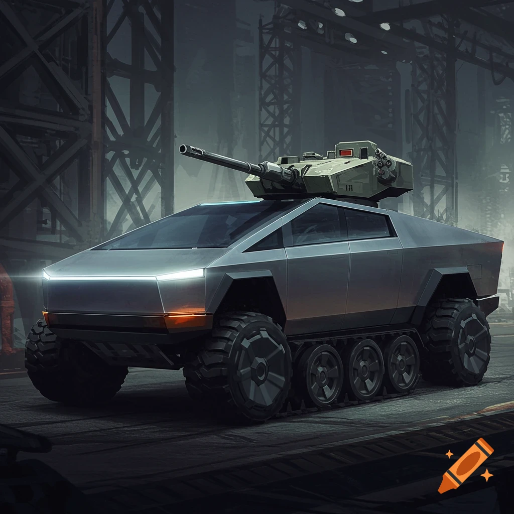 A futuristic vehicle blending a Cybertruck body with a tank turret, in an industrial setting.