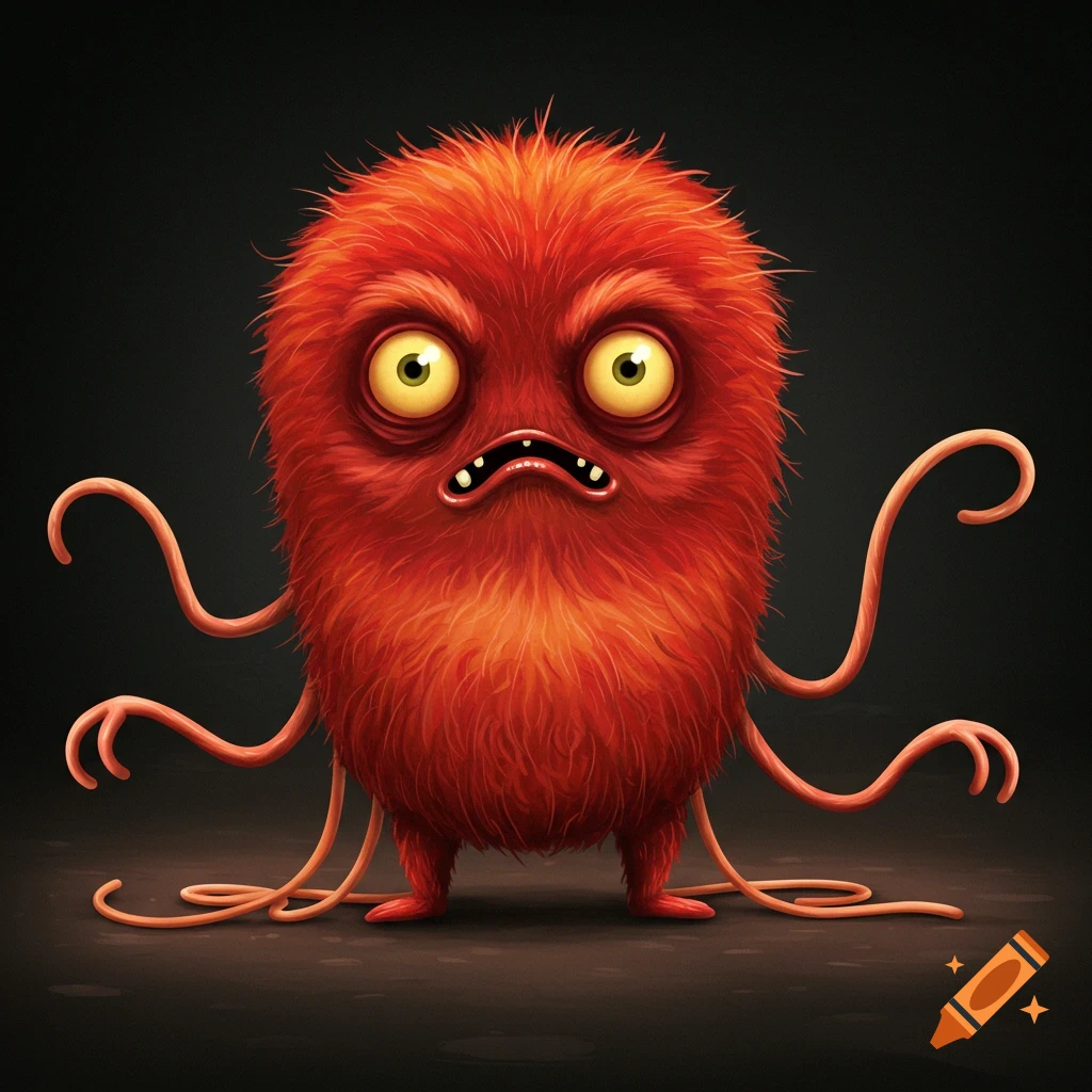 A red furry monster with yellow eyes, small legs, and six long, thin arms stands against a dark background.