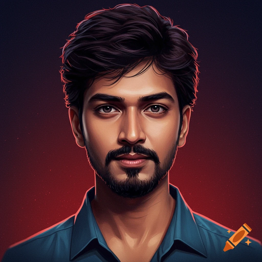 A stylized digital portrait of a man with dark hair and a goatee.