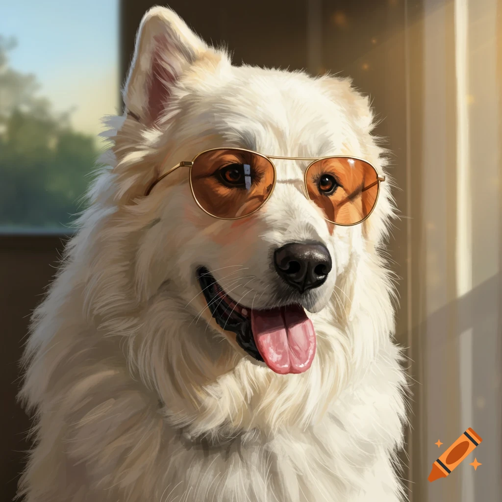 A white dog wearing sunglasses looks towards sunlight filtering through a window.
