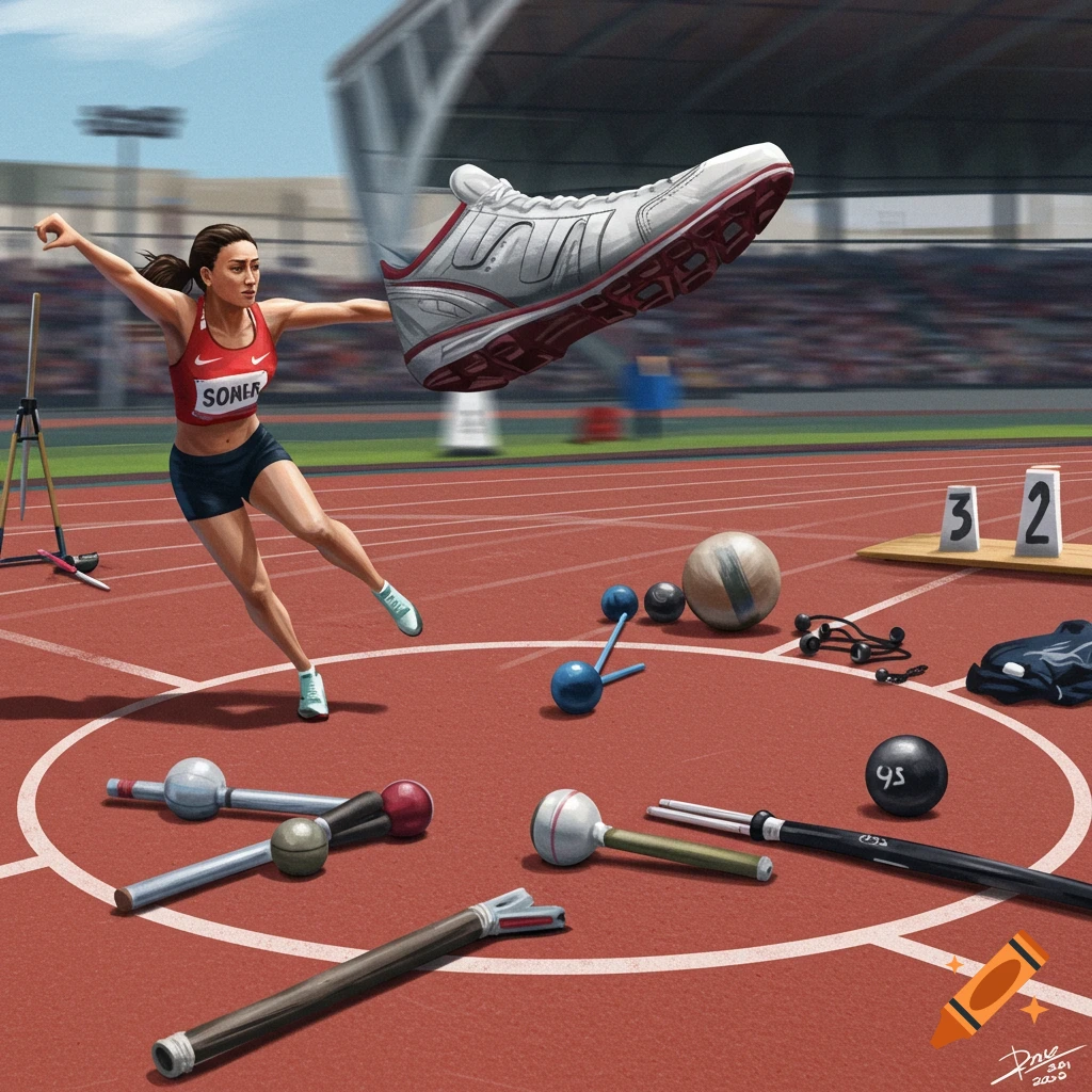 Track and field throwing circle with shoes and implements