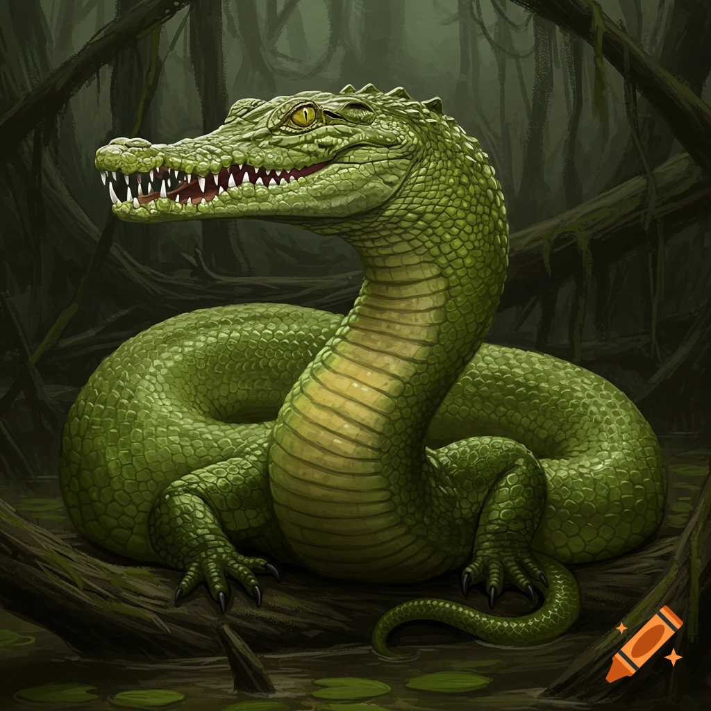 Green anaconda mixed with crocodile