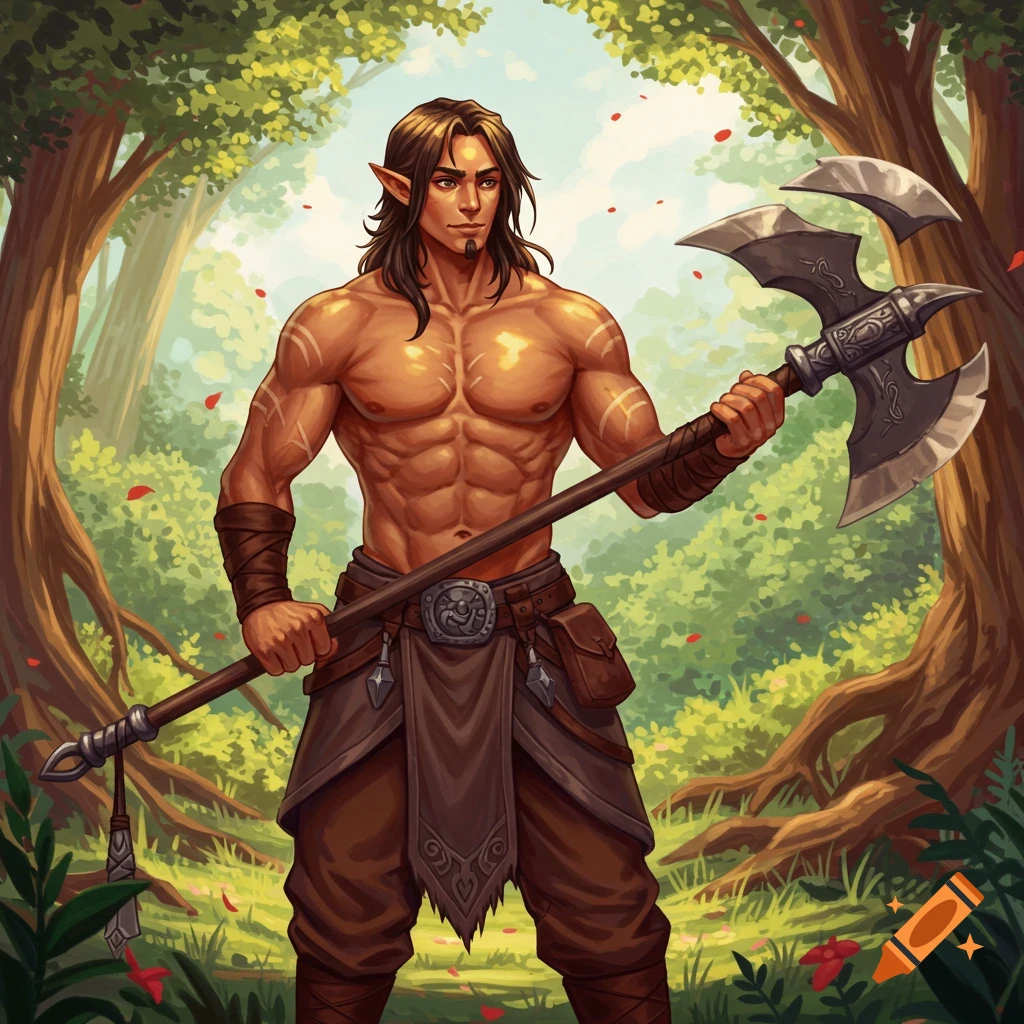 Muscular fantasy warrior with tribal markings holding a large axe in a forest illustration.