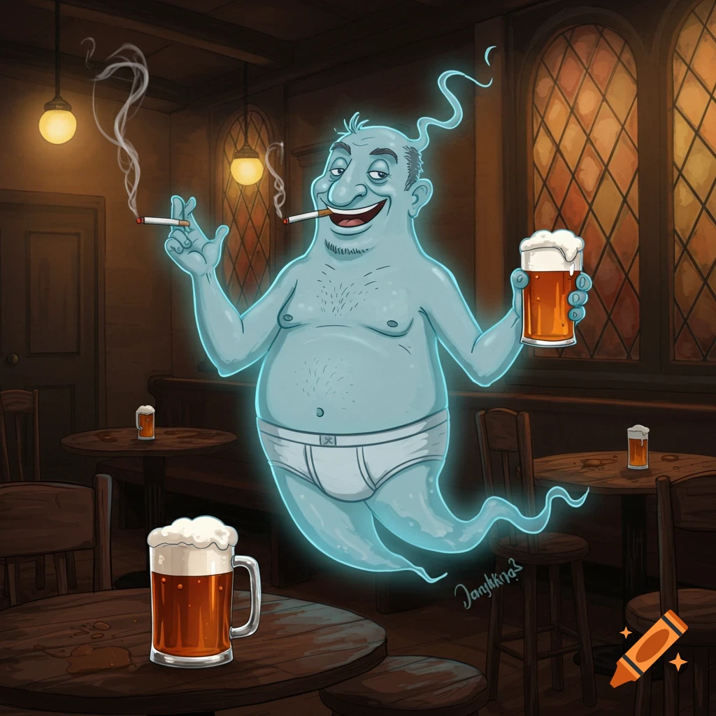 Cartoon ghost in underwear smoking and drinking beer in a pub.