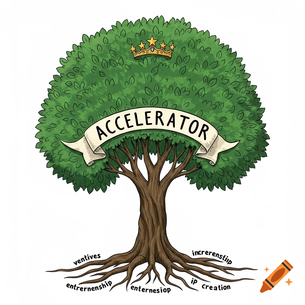 Illustration of a tree with a crown, a banner reading "ACCELERATOR", and text on the roots.