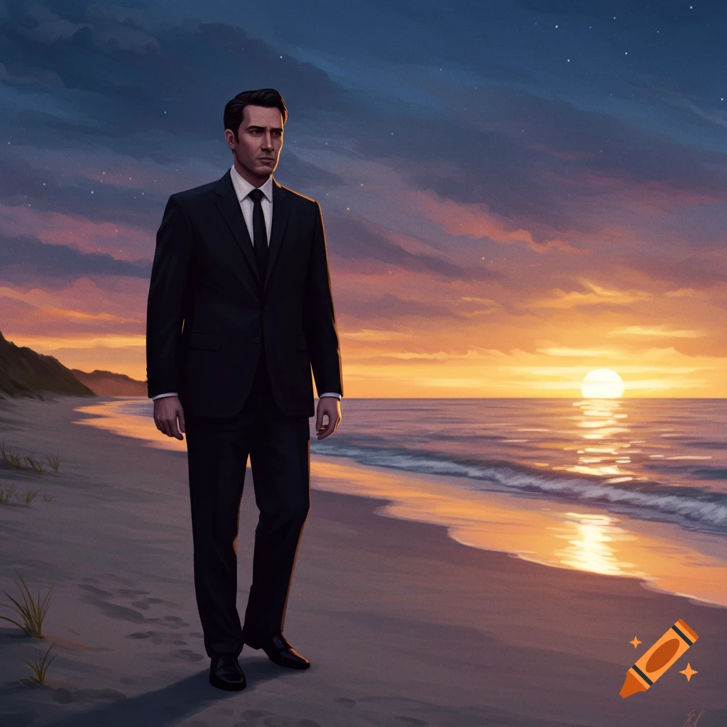 A man in a suit walks on a beach at sunset.