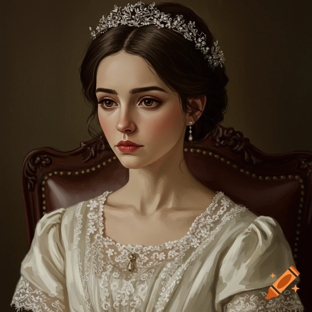 A painted portrait of a woman wearing a silver tiara and a white lace dress.