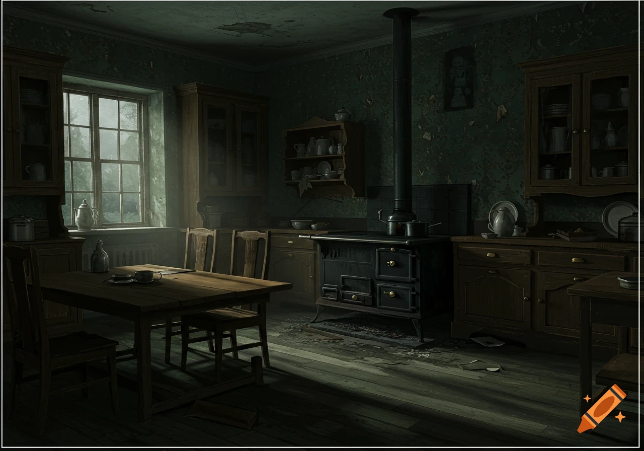 An old, dimly lit Victorian kitchen with a wooden table and chairs and an antique stove.