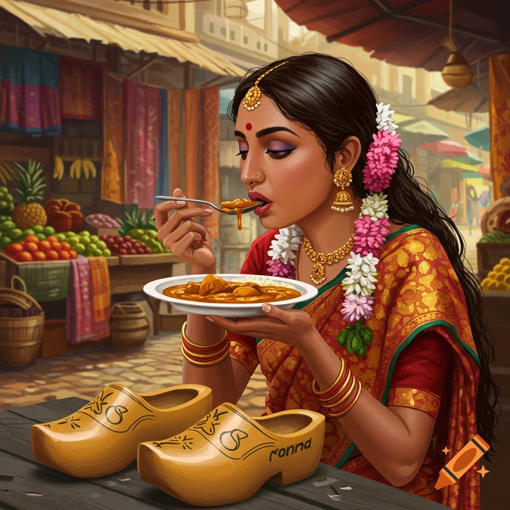 An East Indian woman eats curry while wearing a sari and wooden Dutch shoes in a bustling marketplace