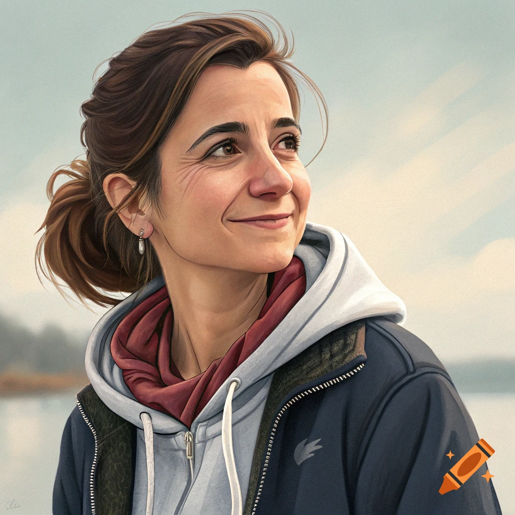 Close-up portrait of a smiling woman outdoors wearing a hoodie and jacket.