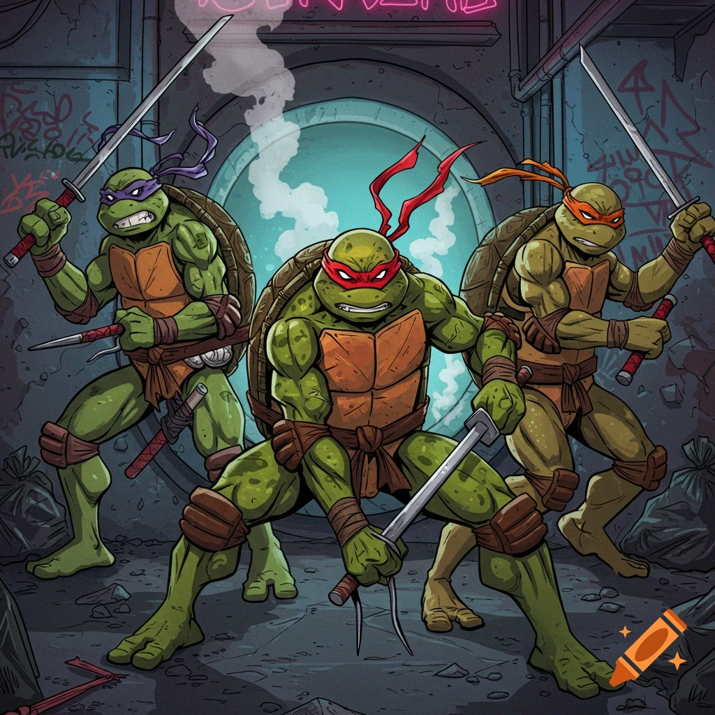 Five cartoon ninja turtles, each with a different colored mask