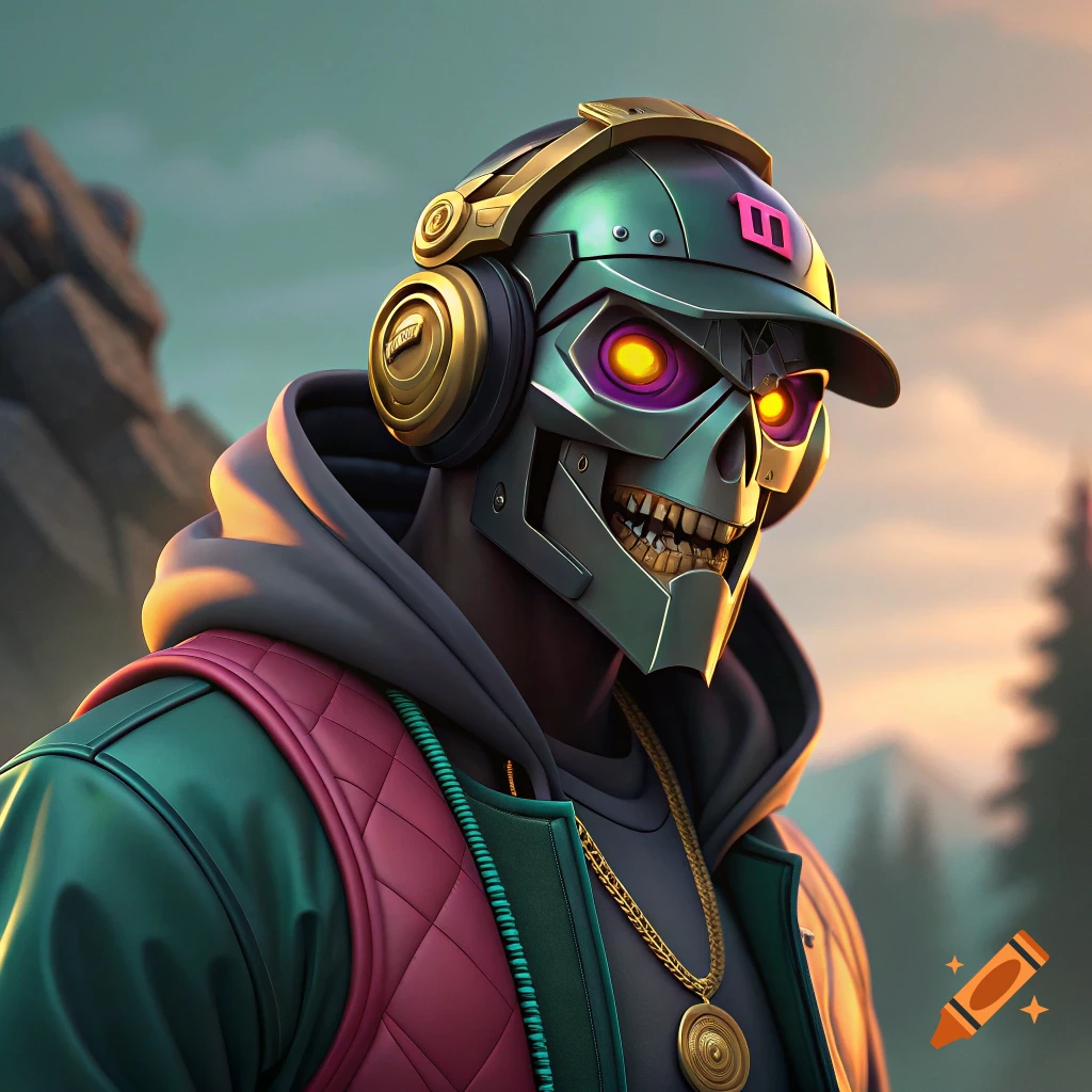 A stylized robot skeleton character wearing a cap, headphones, and a jacket, like a video game skin.