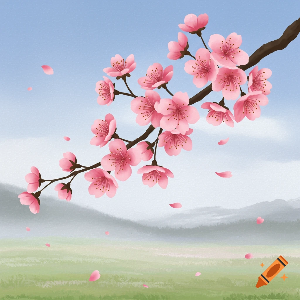 A branch of pink cherry blossoms with falling petals against a soft sky and hazy landscape, illustration style.