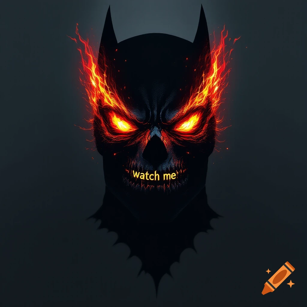 Dark stylized Batman-like head with fiery eyes, flames, and a skull-like grin with the words 'watch me'.