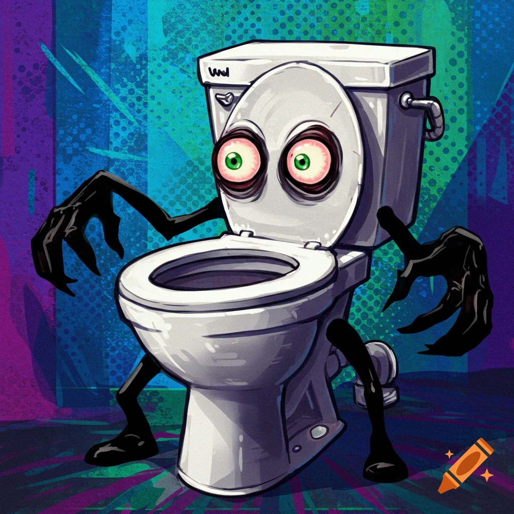 Cartoon illustration of a toilet monster with large eyes, black limbs, and hands, standing in a room with a vibrant background.