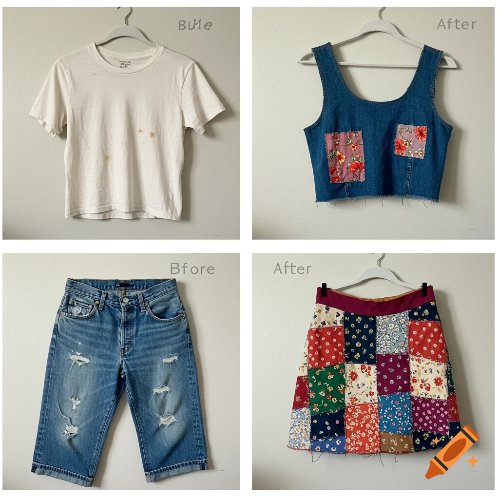 Upcycled clothing before and after images