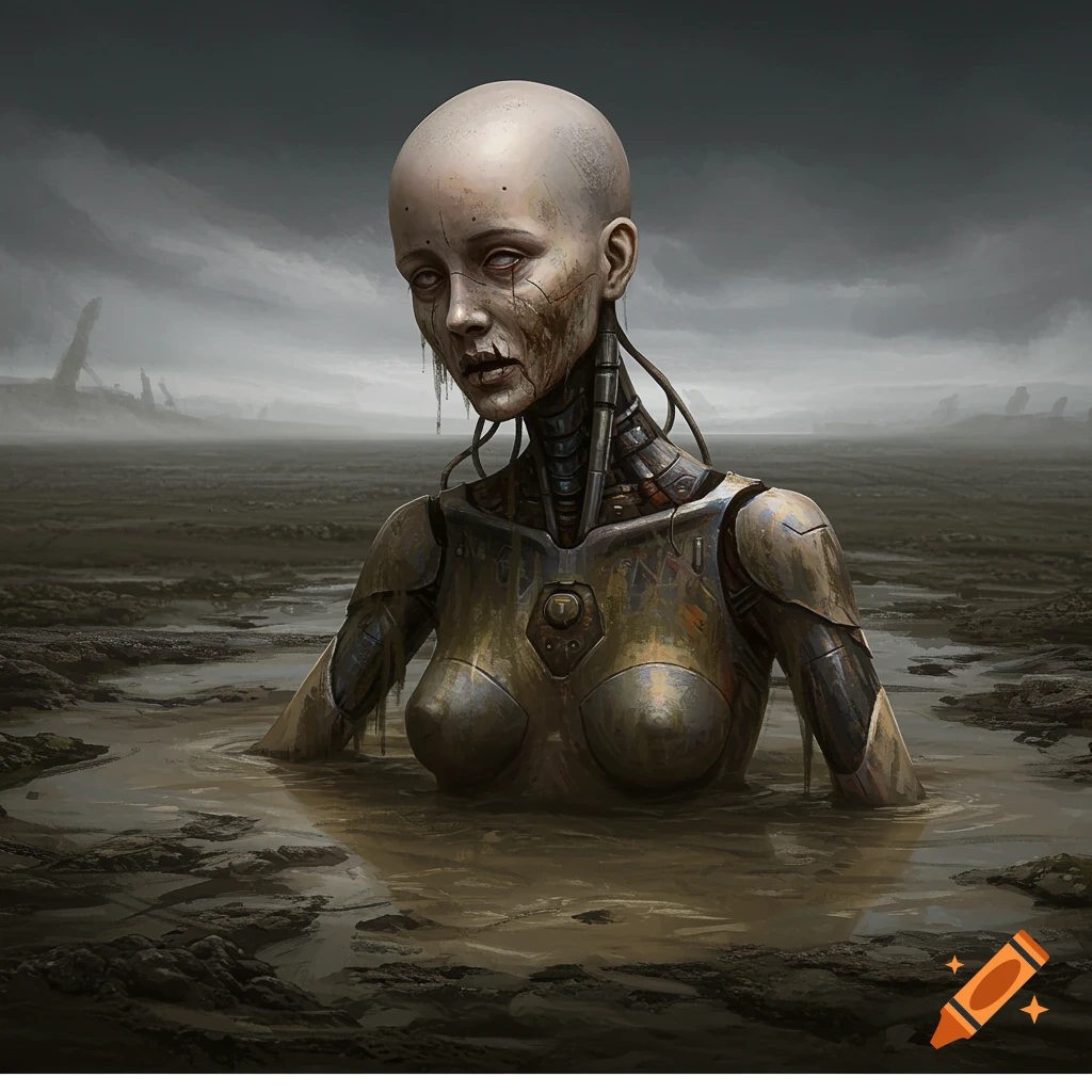 Bald cyborg woman emerging from mud in a desolate landscape, digital art