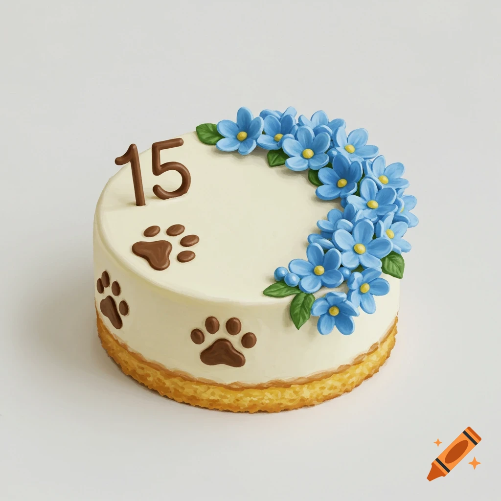 Circle cake with blue flowers, number 15, and paw prints decoration mock-up design idea for party cake decorations DIY bake off ideas inspiration trends birthday cake decoration ideas bakeries baking food cakes fondant frosting buttercream icing fillings toppings cakes occasion seasonal flavors techniques recipes decorating tips presentation serving storage cake decorating for beginners intermediate advanced cake art edible art cake design