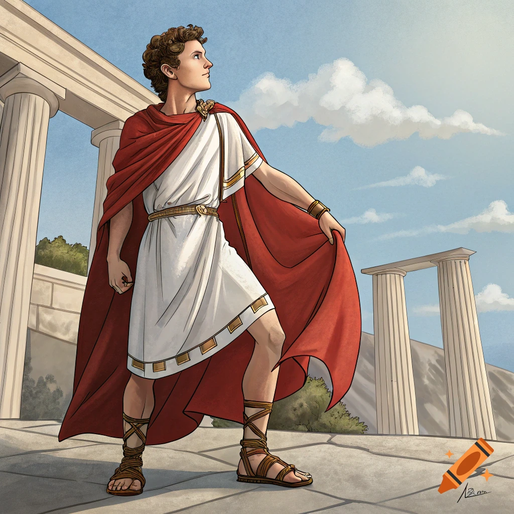 Illustration of a man in ancient Greek clothing standing among columns