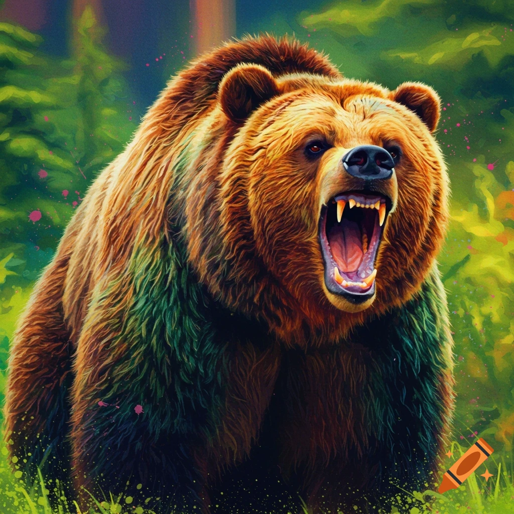 A growling grizzly bear in a forest.