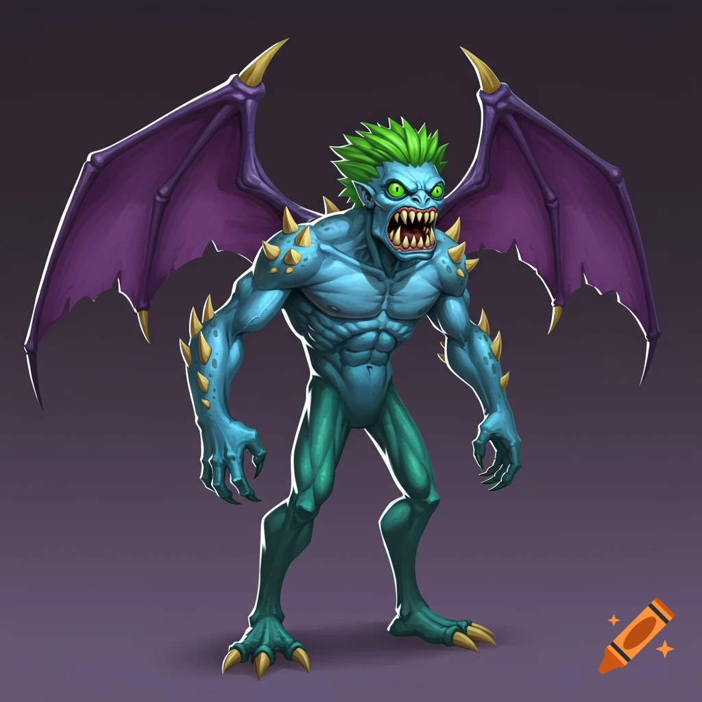 A cartoonish blue monster with green spiky hair, purple wings, sharp teeth, and yellow spikes.