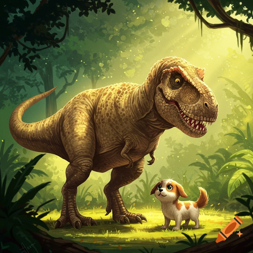 A large T-Rex stands next to a small puppy in a sunlit jungle clearing. Cartoon style illustration.