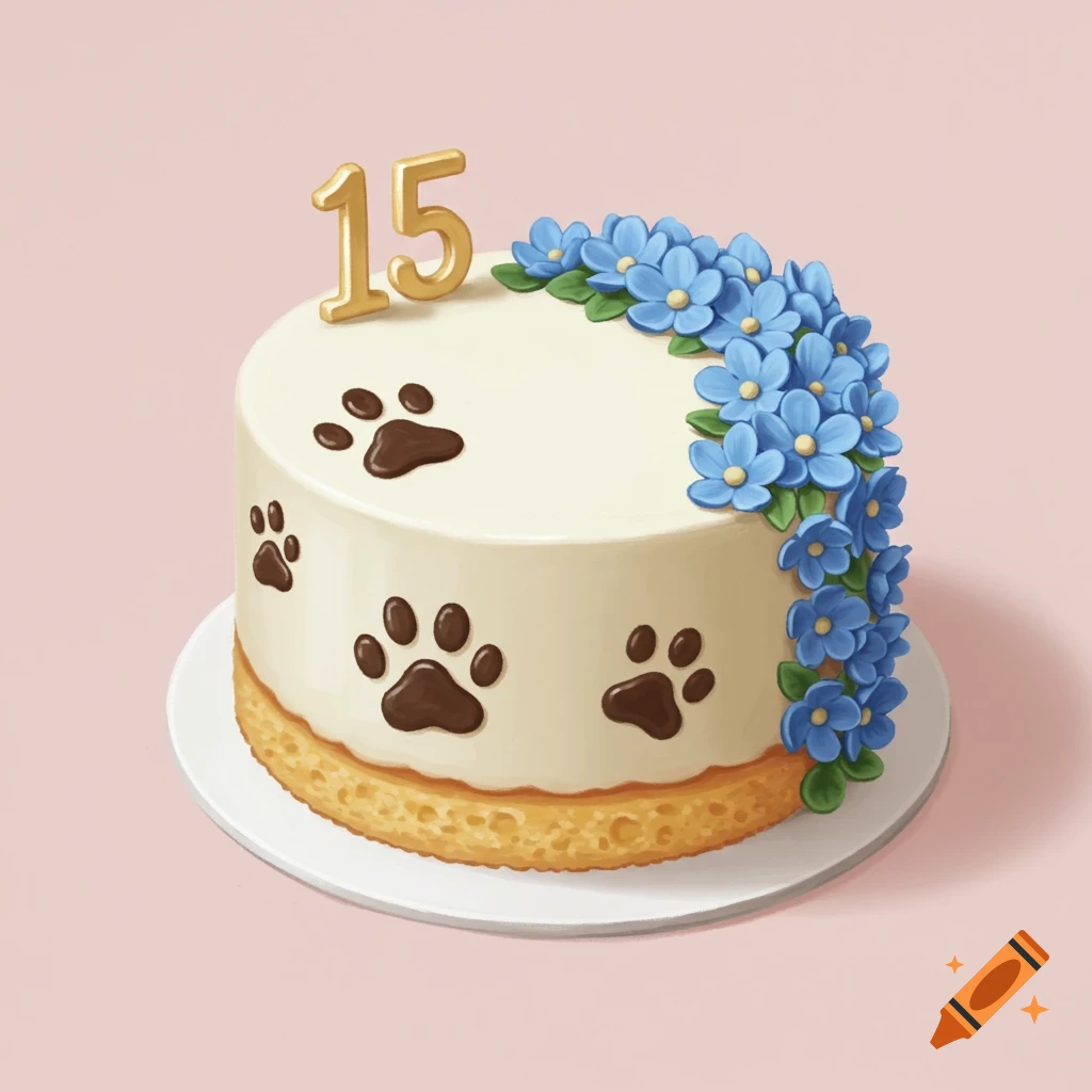Circle cake with blue flowers, number 15, and paw prints decoration mock-up design idea for party cake decorations DIY bake off ideas inspiration trends birthday cake decoration ideas bakeries baking food cakes fondant frosting buttercream icing fillings toppings cakes occasion seasonal flavors techniques recipes decorating tips presentation serving storage cake decorating for beginners intermediate advanced cake art edible art cake design