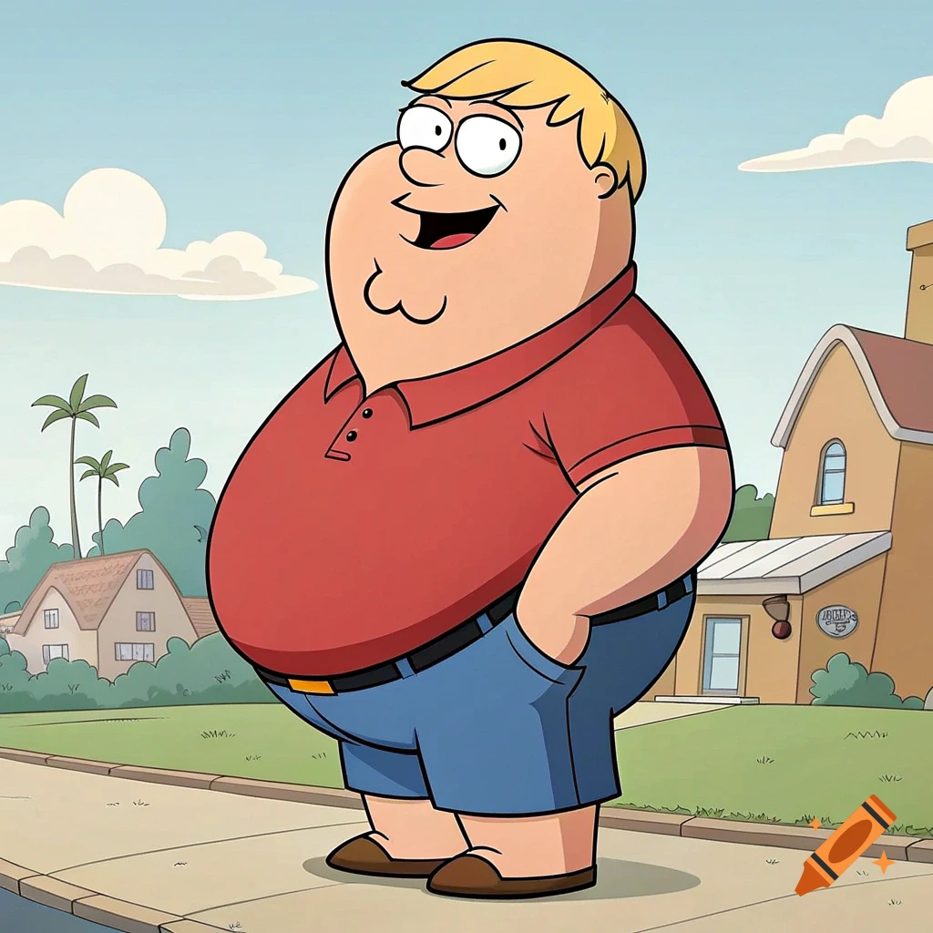 Cartoon character resembling Peter Griffin stands on a sidewalk.