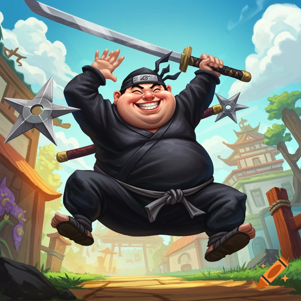 A cartoon fat ninja jumps in the air holding a sword and shuriken in a village.