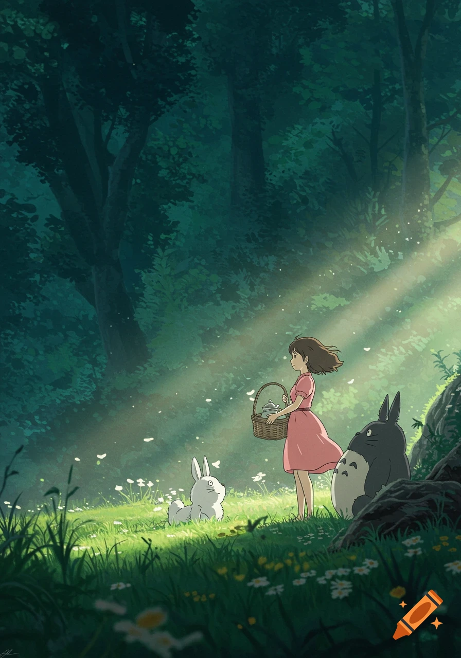 Anime scene of a girl with Totoro and a small white creature in a sunlit forest clearing.