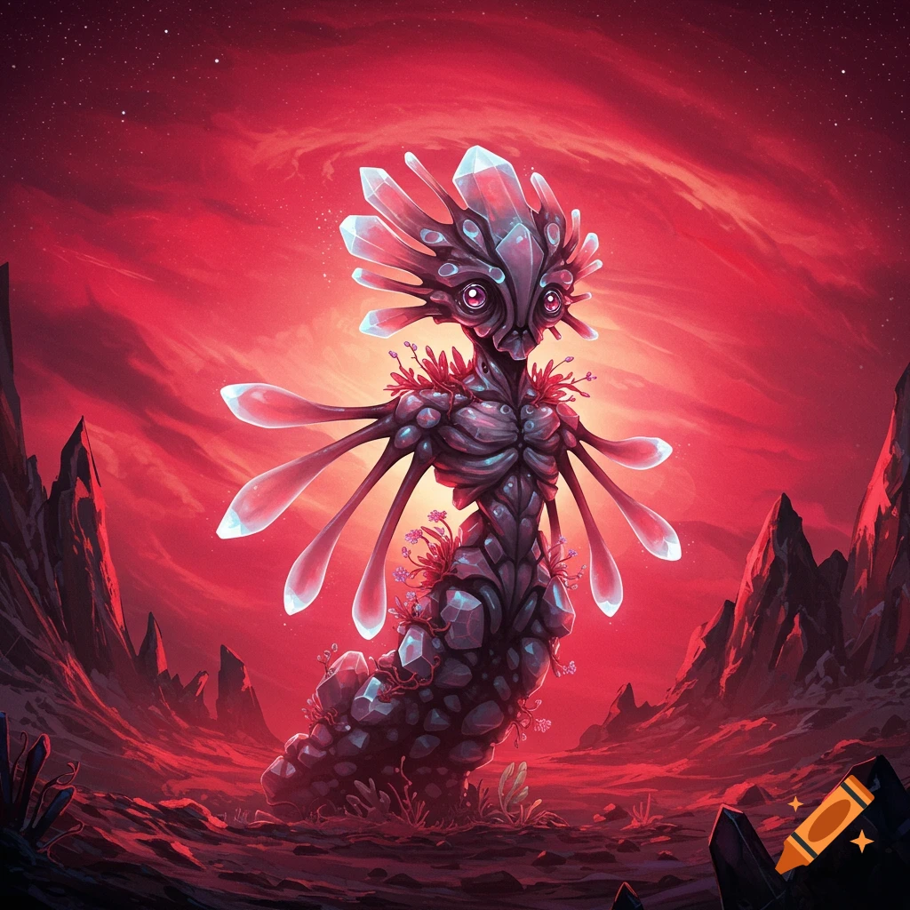 An alien creature made of rock and crystals stands on a red, rocky planet landscape under a swirling red sky.