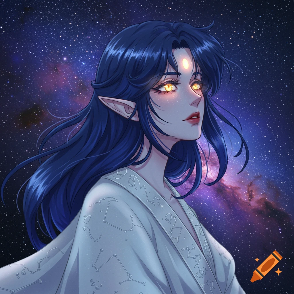 Anime portrait of a celestial woman with glowing eyes against a starry background.