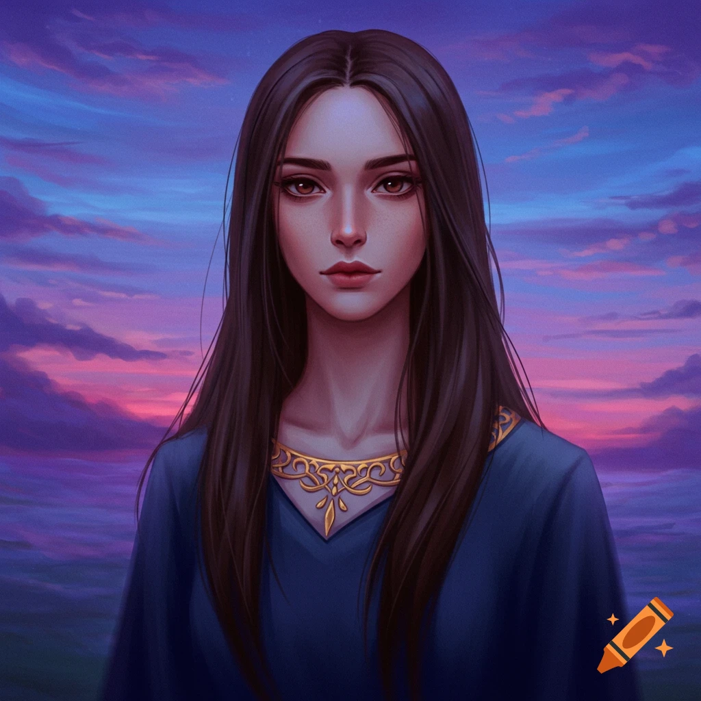 A portrait of a woman with long dark hair wearing a blue dress with gold trim, standing against a sky with purple and pink clouds.