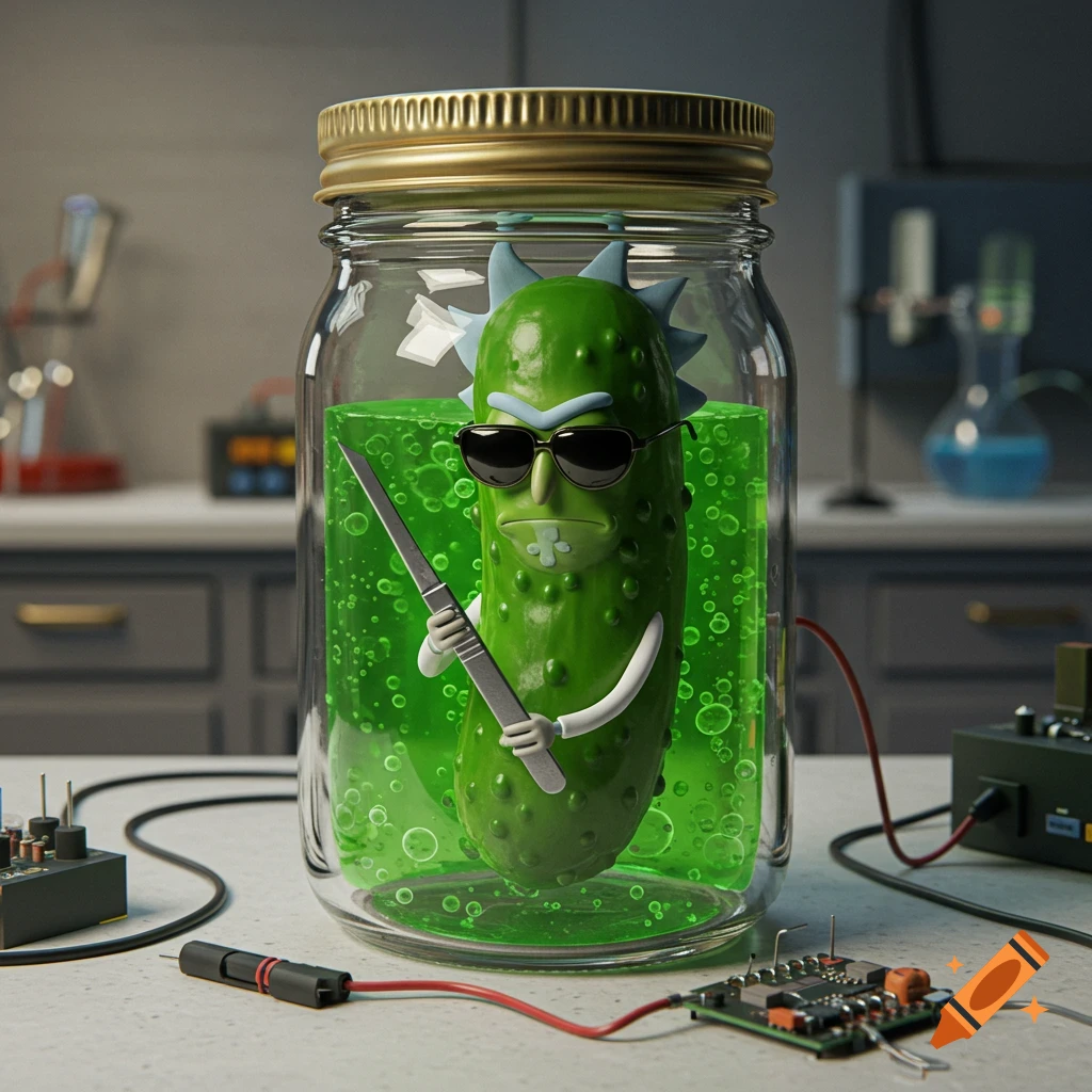 3D render of Pickle Rick in a jar in a lab, holding a knife and wearing sunglasses.