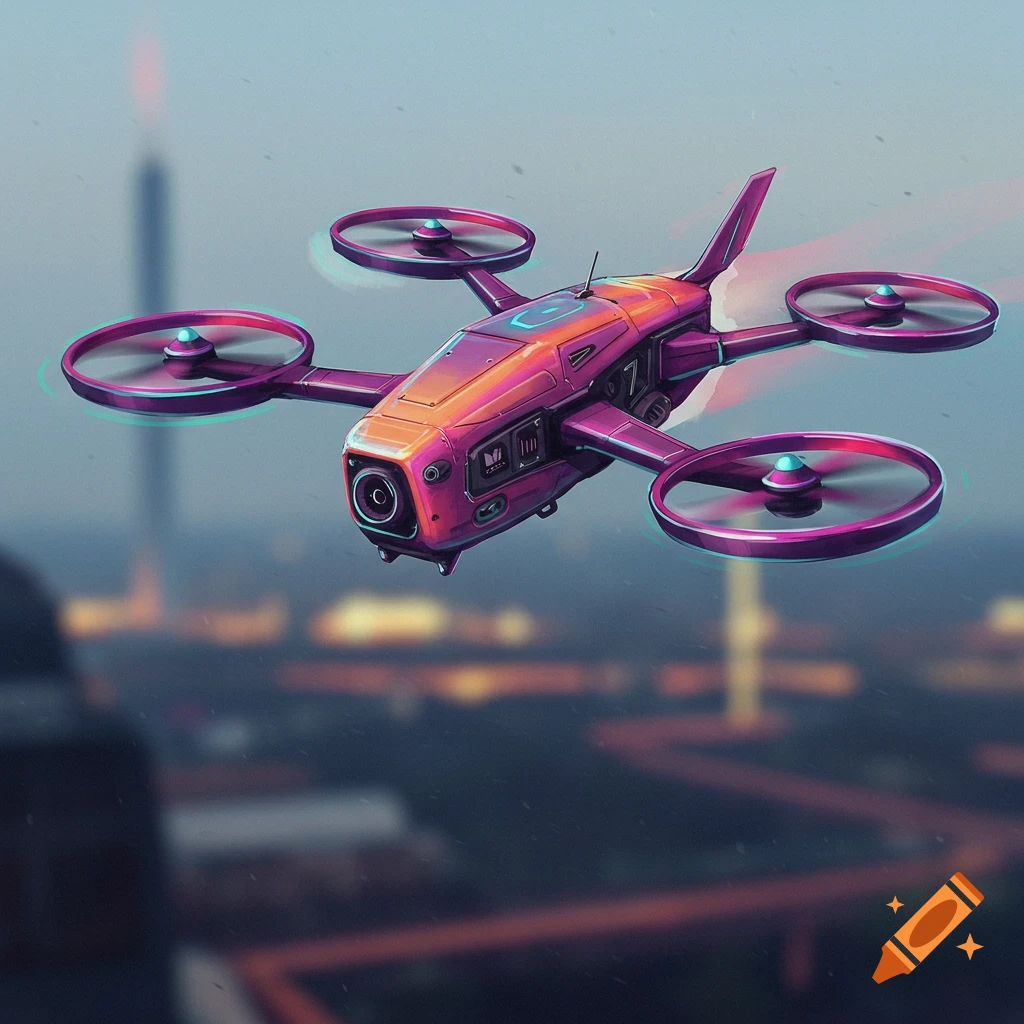 A futuristic purple and orange drone flies over a blurry city skyline.