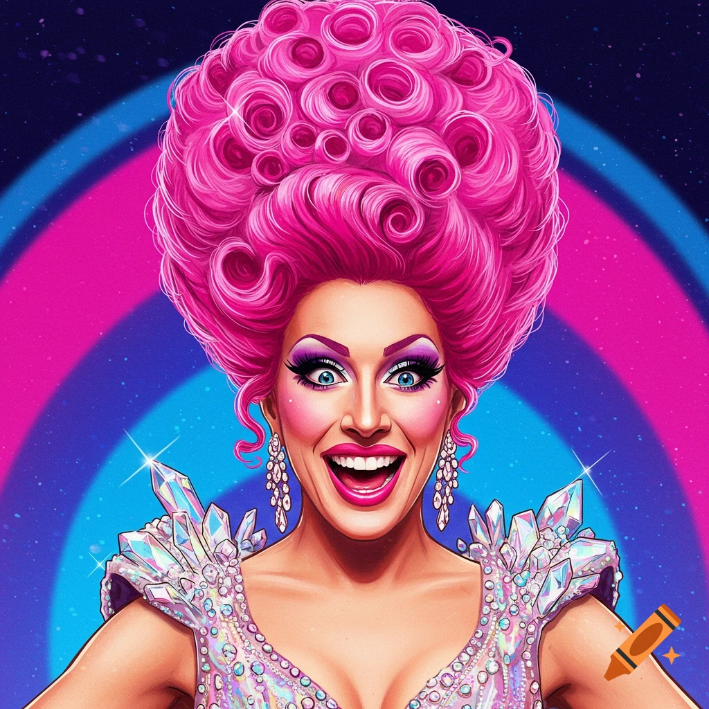 A person in drag with bright pink hair, vibrant makeup, and a sparkly dress against a colourful background.