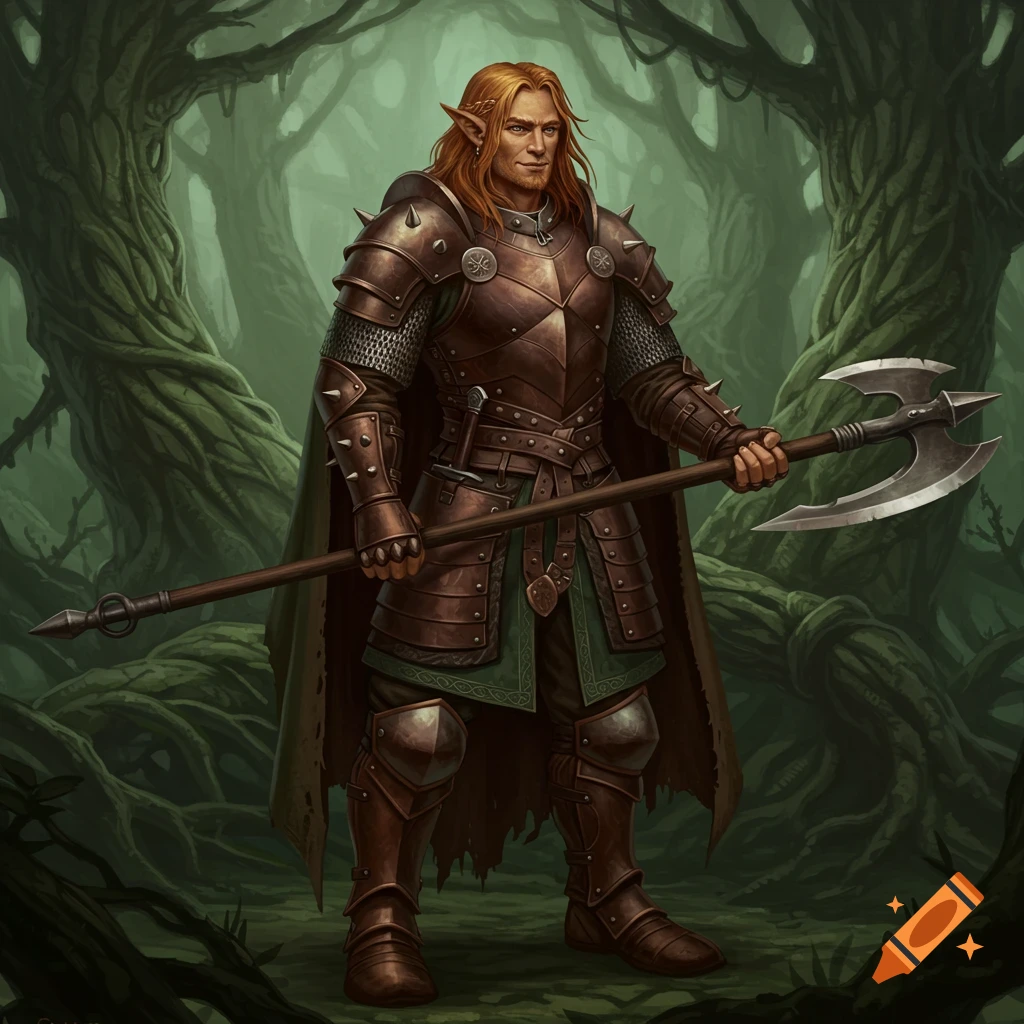 A fantasy character, an elf-like man in studded armor holding a double-bladed axe, stands in a forest.