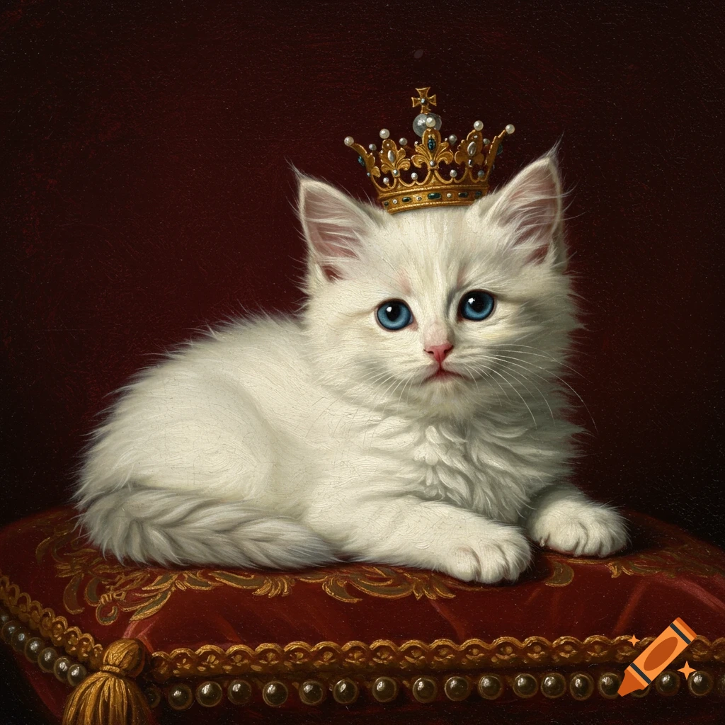An oil painting of a white kitten wearing a gold crown, resting on a red velvet pillow.