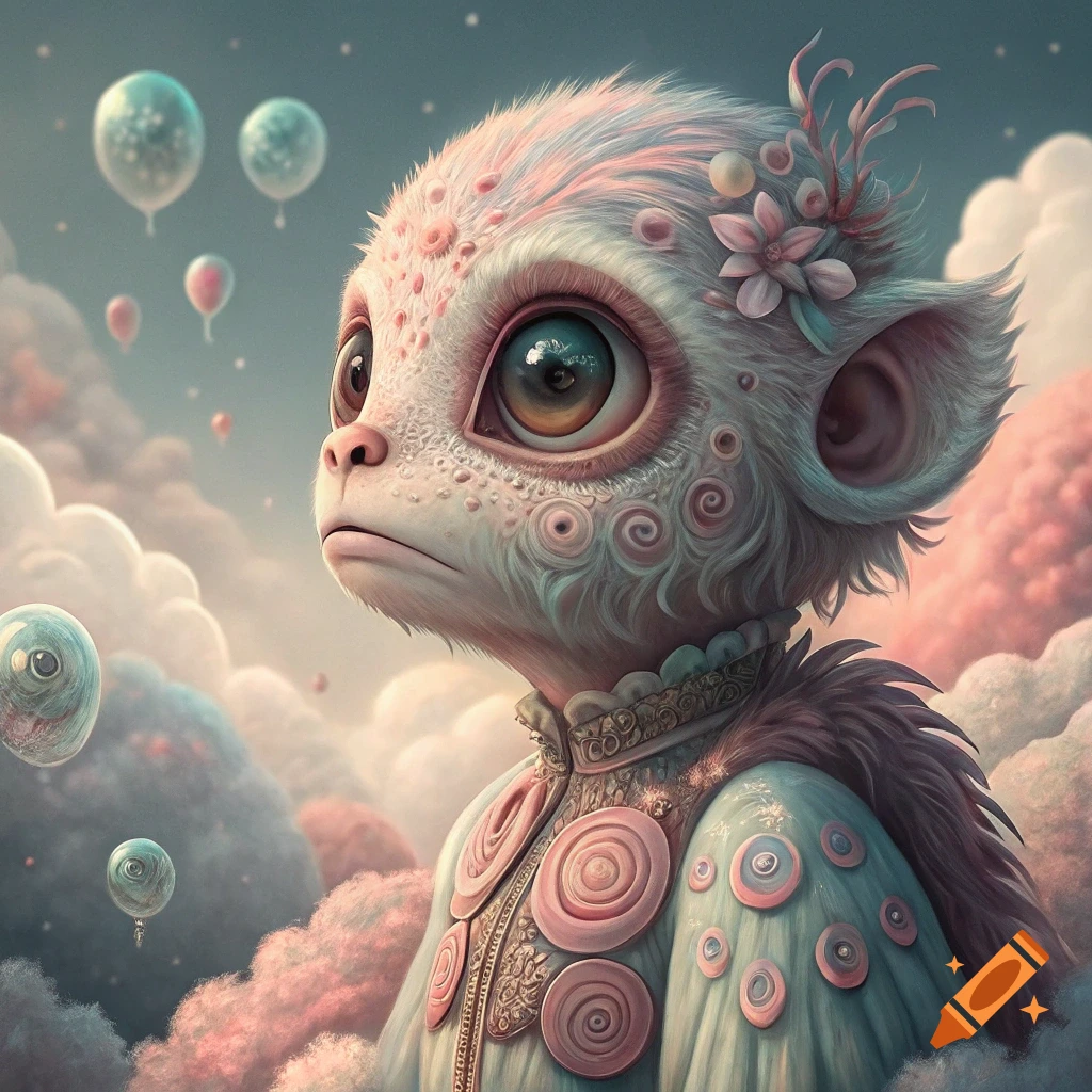 Pastel fantasy creature with large eyes among clouds and balloons
