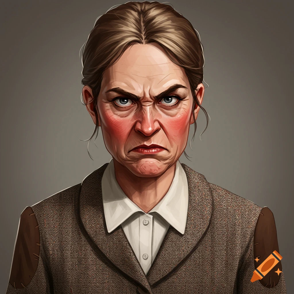 Stylized portrait of an angry woman with red cheeks, wearing a brown jacket.